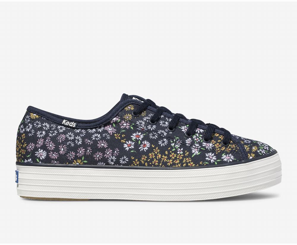 Women's Keds Triple Kick Floral Platform Shoes Navy 4862715JX - South Africa